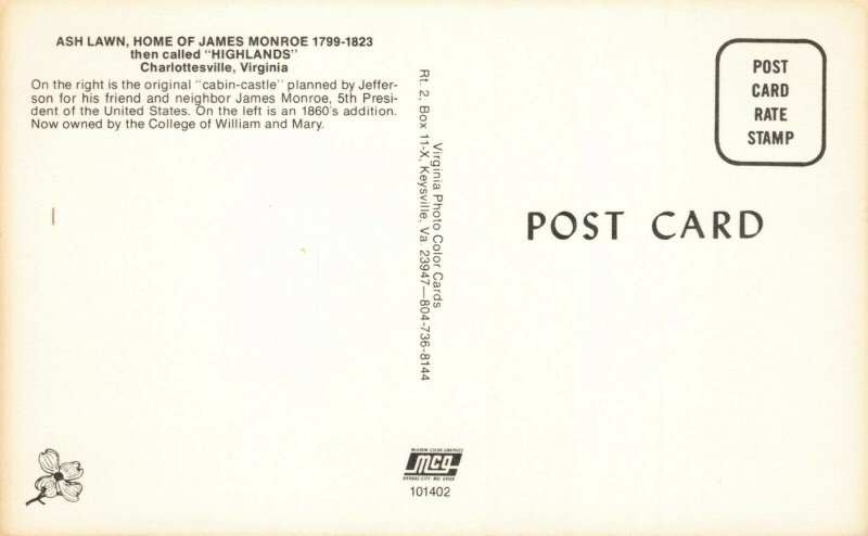 Postcard Ash Lawn James Monroe Home Charlottesville Virginia 