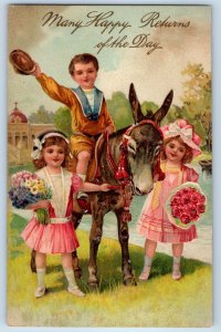 c1910's Many Happy Returns Of The Day Children Flowers Bouquet Donkey Postcard