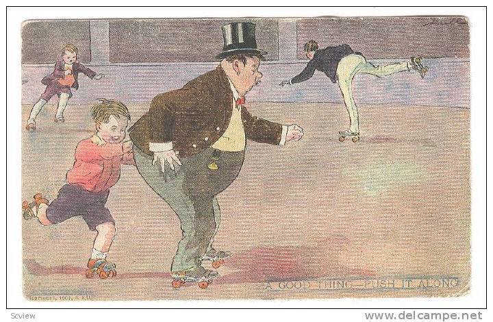 A Good Thing - Oush it along, boy pushes heavy man on roller skates, PU