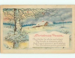 Pre-Linen christmas BARREN TREE BESIDE SNOW-COVERED HOUSE J1754