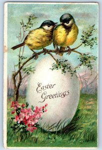 c1910's Easter Greetings Birds Giant Egg And Pink Flowers Embossed Postcard