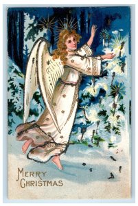 Merry Christmas Greeting  Floating Angel Trees Covered Snow Embossed Postcard