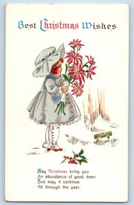 Christmas Postcard Little Girl With Poinsettia Flowers Berries c1910's Antique