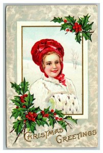 Vintage 1913 Christmas Postcard Cute Child Red Hat Mistletoe Holly Berries Snow