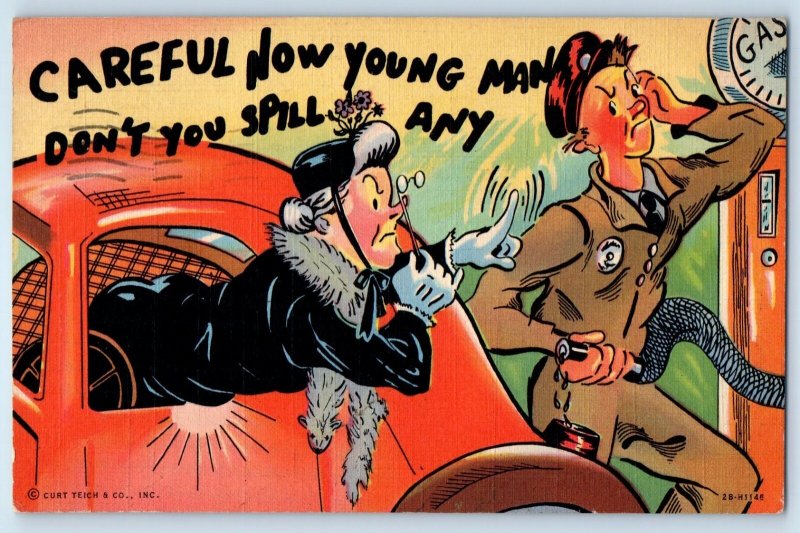 1945 Humor Angry Woman Gas Station Don't You Spill Any Saint Louis MO Postcard