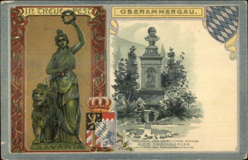 Oberammergau Germany - Beautiful Ornate Border Bavaria Statue Postcard