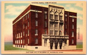 Masonic Temple York Rite Bodies East Park Avenue Waterloo Iowa IA Postcard