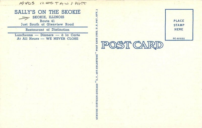 Postcard 1940s Illinois Skokie Sally's Restaurant interior entrance il24-1581