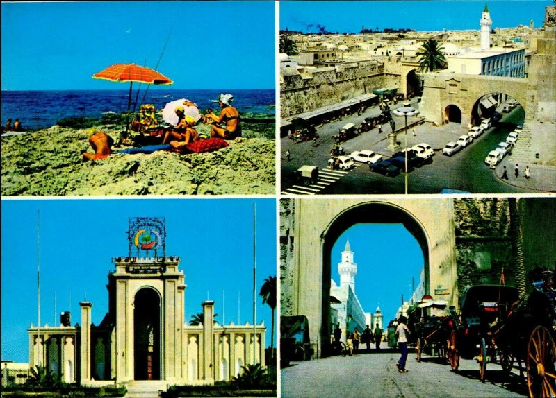 CI01292 libya tripoli mediteraneean sea beach umbrella old cars mosque minaret 