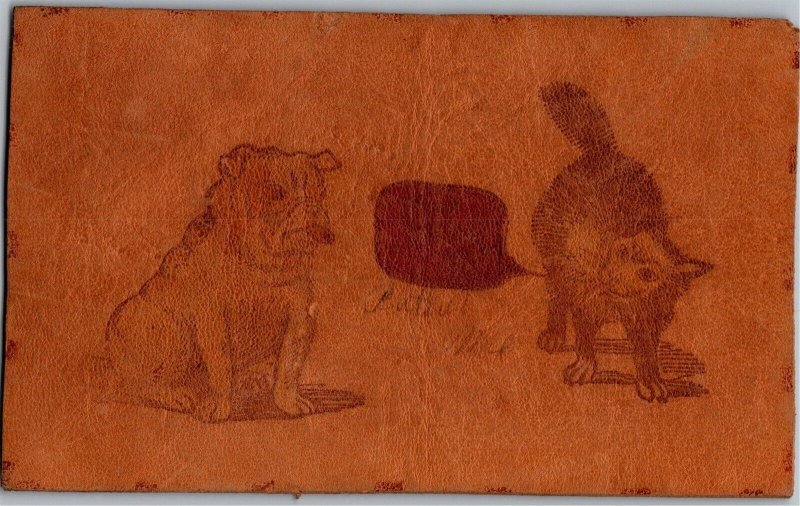 Leather Cat and Dog Talking Vintage Postcard U06