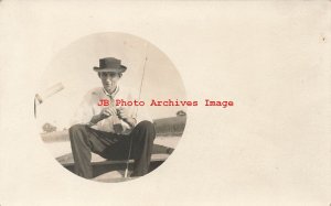 Unknown Location, RPPC, Man with His Fishing Pole in a Boat, Photo