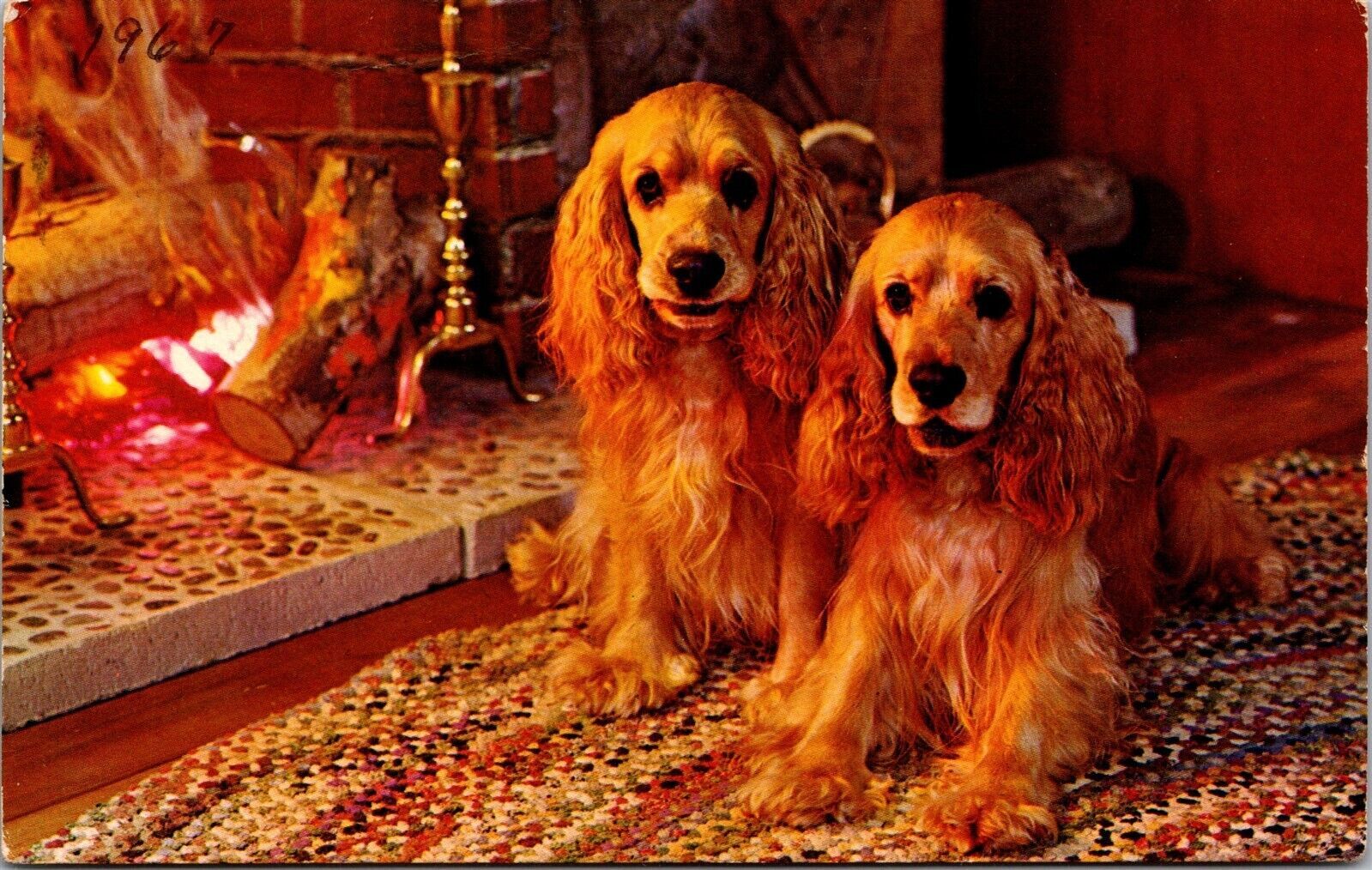 Vtg Cocker Spaniels by the Fire Fireplace Dogs Puppies Postcard | Other ...