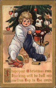 christmas Little Girl w Toy Blocks & Toy Horse GILT INLAY c1910 Postcard