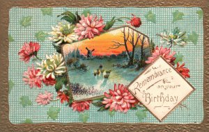 ​Vintage Postcard 1910's Remembrance On Your Birthday Windmill Flowers Greetings