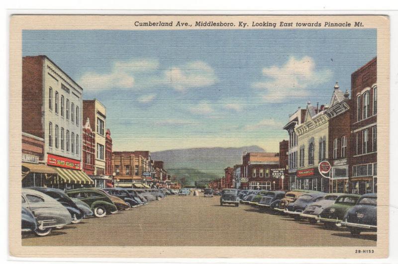 Cumberland Avenue Cars Middlesboro Kentucky linen postcard