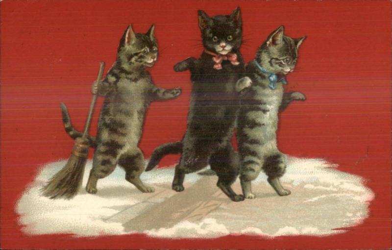 Kitty Cat Fantasy Cats w/ Broom #203 c1910 Postcard EXC COND