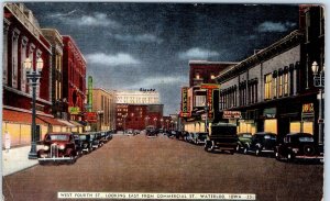 c1930s Waterloo, IA Downtown Night West 4th St Linen Photo Postcard Ford Car A62