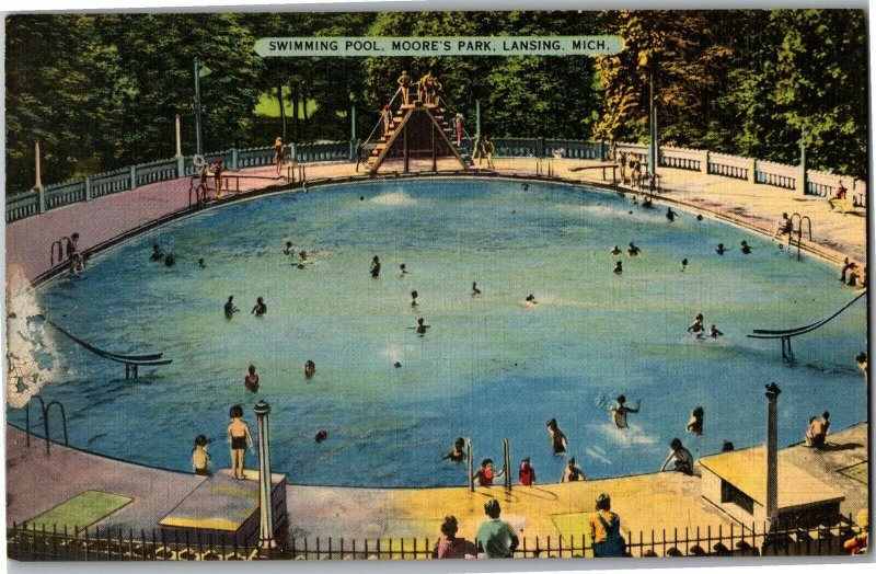 View Overlooking Swimming Pool Moore's Park Lansing MI 1940 Vtg Postcard B23