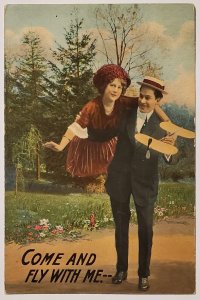 Man With Model Airplane And Woman In Other Arm Come Fly With Me Postcard N25