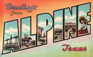 Vintage Postcard Large Letter Greetings From Alpine Texas Bridge Bldg. Mountain