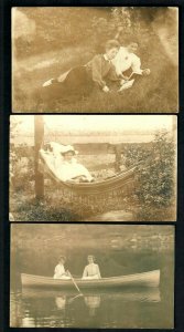 RPPC #55a VELOX  C 3 pcs. Pub. Locke N.Y. Woman in Canoe, Hammock & lawn, Unused