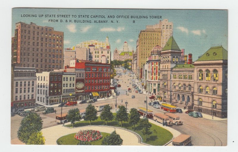 P2122, vintage postcard buses old cars birds eye view upper state albany ny