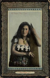 New Year's Day Maori Beauty New Zealand Surfboard c1910 Vintage Postcard