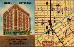 Linen Postcard Hotel Keystone, 4th Street and Map of San Francisco, California