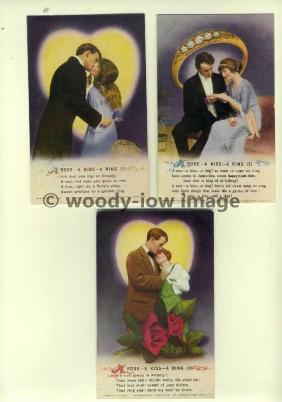 su1144 - A Rose A Kiss A Ring - Set of 3 Bamforth Songcards Postcards