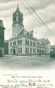 Vintage Postcard 1905 Post Office Building Worcester Massachusetts MA Structure