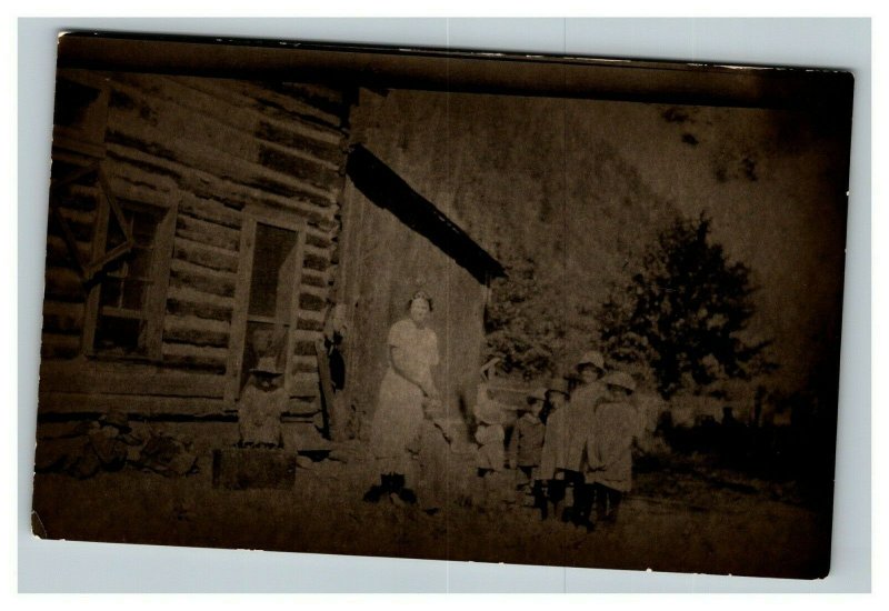 Vintage 1910's RPPC Postcard - Country Family in Front of their Log Home - NICE