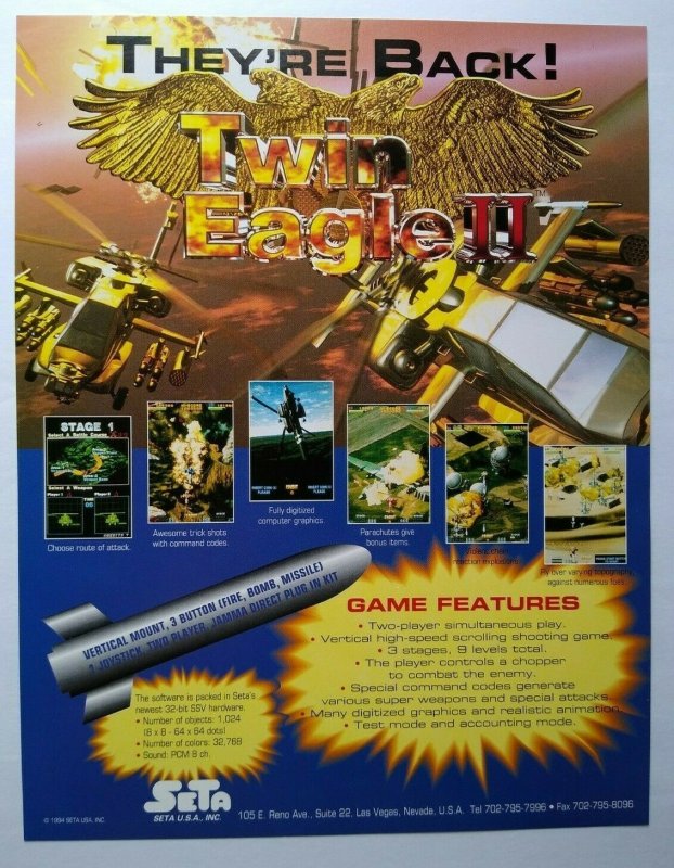 Twin Eagle II Arcade FLYER Original 1994 Video Game Artwork Air Combat UNUSED