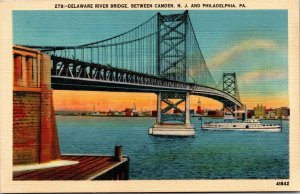 Vtg Delaware River Bridge between Camden New Jersey & Philadelphia PA Postcard