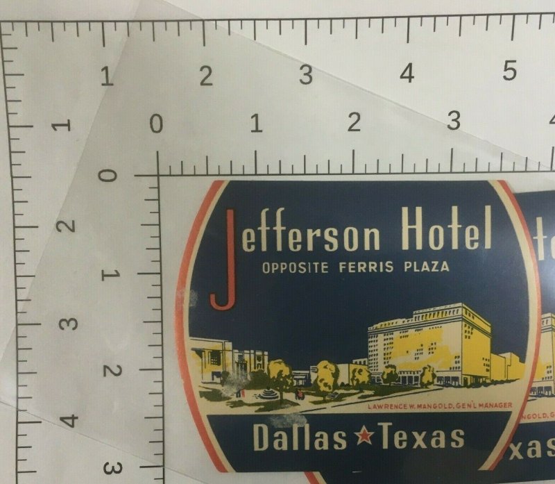 Jefferson Hotel Dallas Texas Luggage Label Vtg Sticker Stamp Poster  