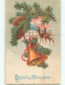 Pre-Linen new year foreign BEAUTIFUL DEER WITH GOLDEN BELL & PINECONES J4557