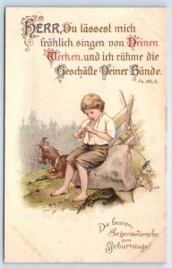German Birthday Greeting Little Boy Goat GERMANY artist signed Postcard