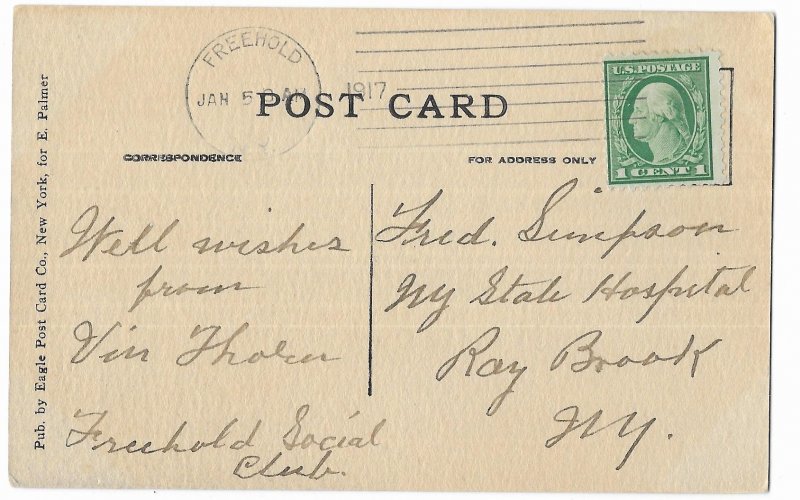 Freehold to Ray Brook, New York 1917 Post Card, Main Street, Catskill Mountains