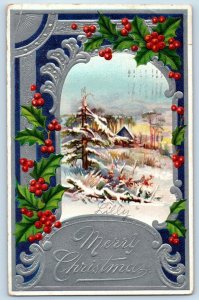 Christmas Postcard Holly Berries House Winter Scene Embossed New York NY 1911