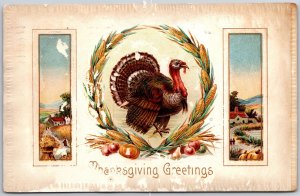 Thanksgiving Greetings, 1910 Turkey In Corn Wreath Farm Panels, Vintage Postcard