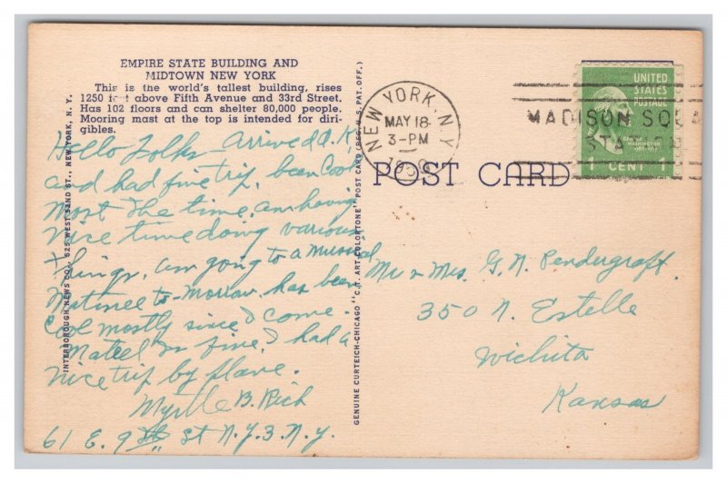 New York City New York Empire State Building Postcard c1950 Postmark