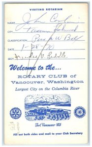 c1940's Rotary Club Of Vancouver Washington WA Visiting Rotarian Card Postcard