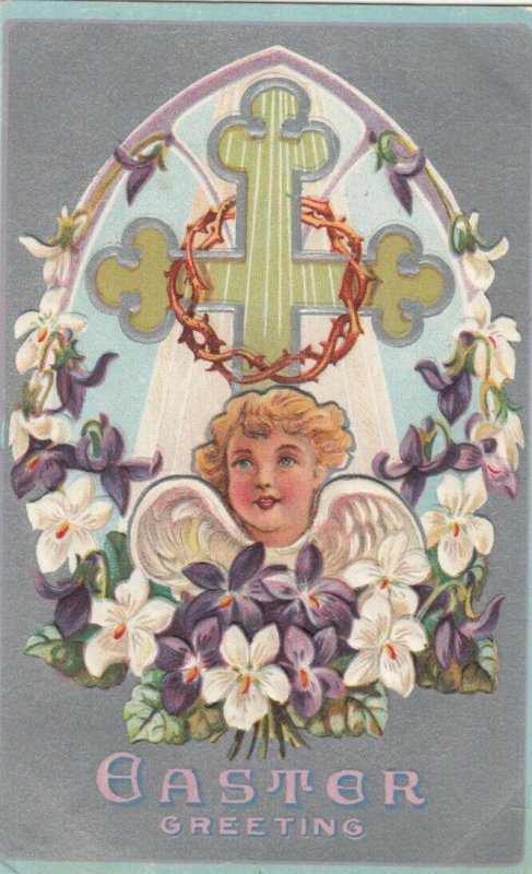 EASTER, PU-1909; Cherub's face among Lilies and Cross, thorn Crown