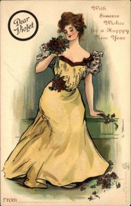 Beautiful Woman Holding Flowers Series Series c1905 Postcard - Dear Violet