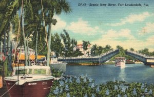 Vintage Postcard Scenic New River Boats Ships Dock Fort Lauderdale Florida Fla.