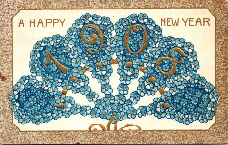 New Year 1908 With Blue Flower Fan 1907