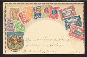 MEXICO Stamps on Postcard Embossed Shield Used c1907