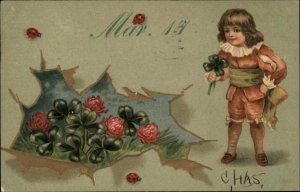 St. Patrick's Day Young Boy with Shamrocks Pre-1910 Vintage Postcard