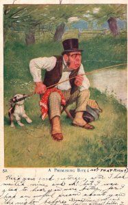 Vintage Postcard 1907 Man Fishing On The Lake With His Dog A Promising Catch