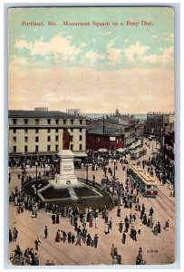 c1910's Monument Square Busy Day Crowd Trolley Building Portland Maine Postcard