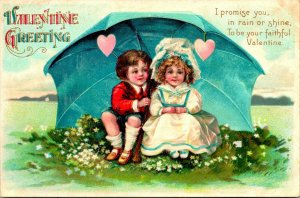 Vtg Postcard Valentine Greetings Children Under Umbrella Promise Rain or Shine